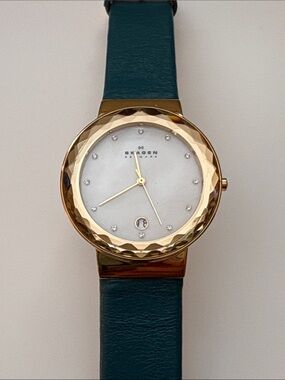 Skagen Gold-Tone Case Teal Leather Strap Ladies Watch